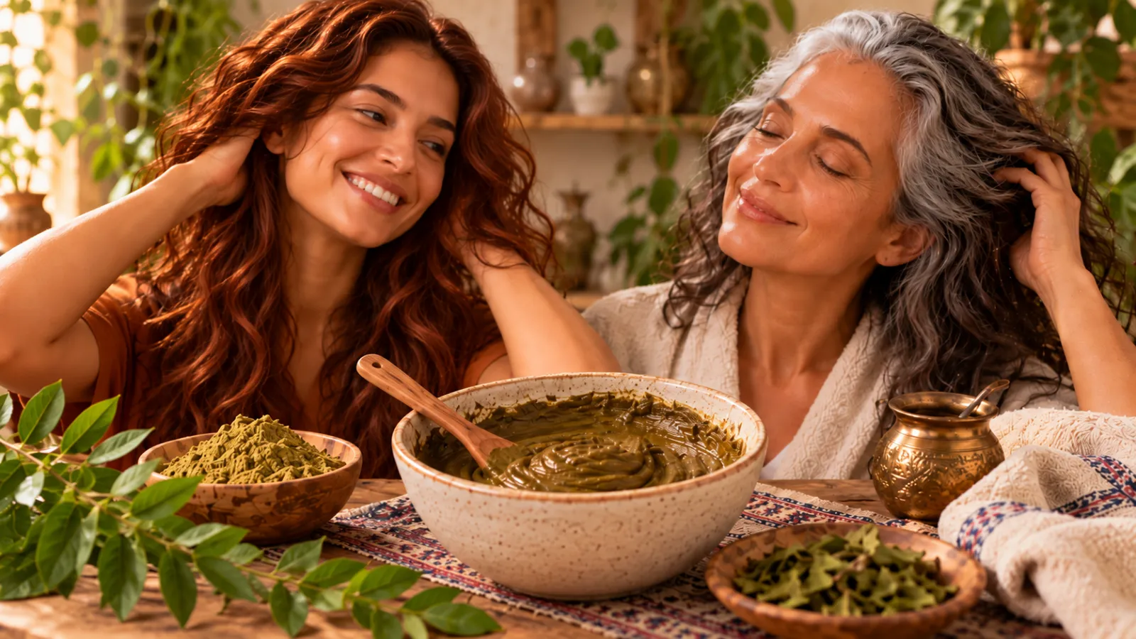 Mulher jovem e mulher madura com uma tigela de henna natural